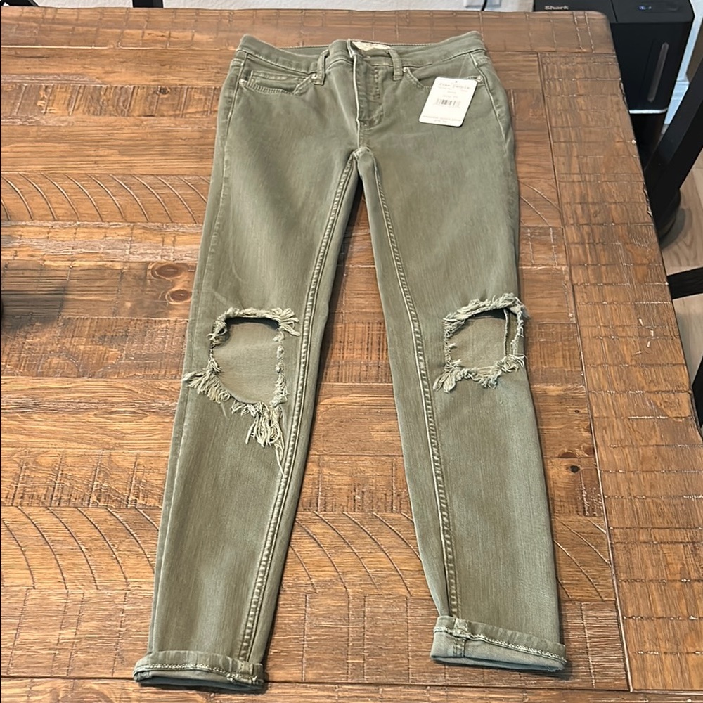 Free People Green Skinny Distressed Jeans